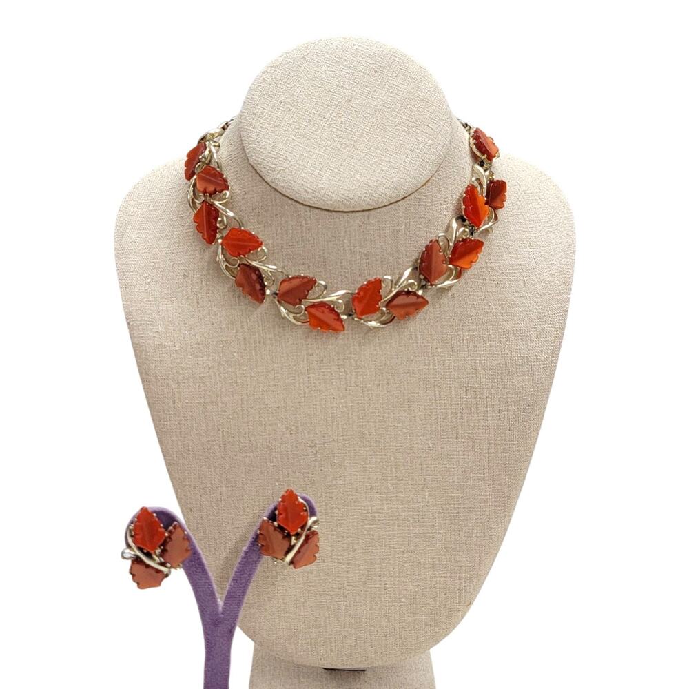 Vintage 1950s Orange Lucite Thermoset Fall Leaf Choker Necklace Clip Earrings